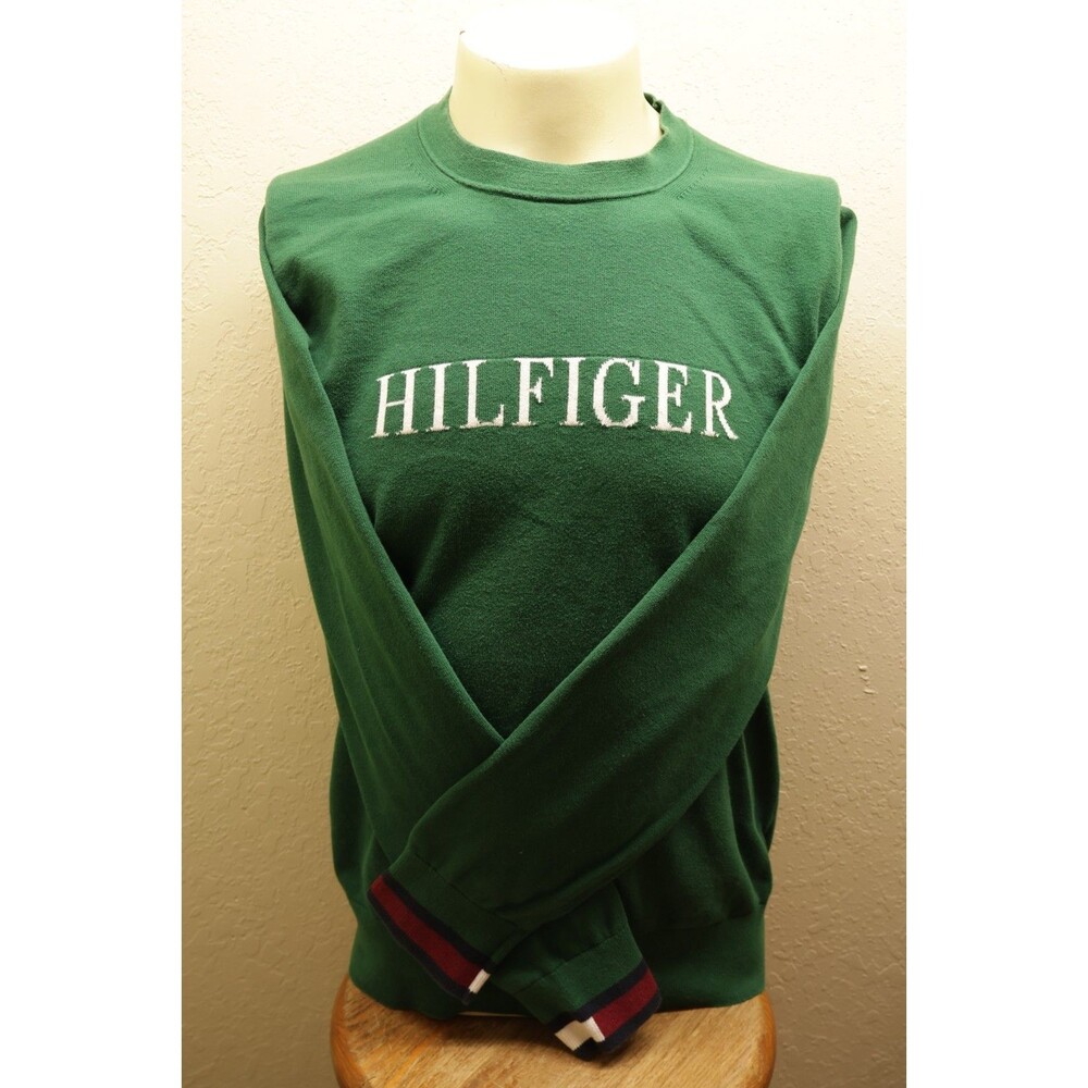 Tommy Hilfiger Sweater Large L Green Knit Embroidered Spellout Logo Crewneck